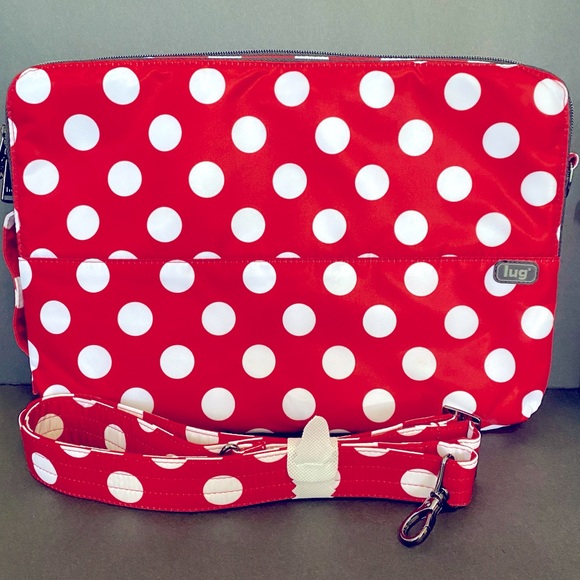 lug Handbags - LUG Delta 15” NWOT Laptop Crossbody Bag Built In Mousepad Red & White Polka Dot